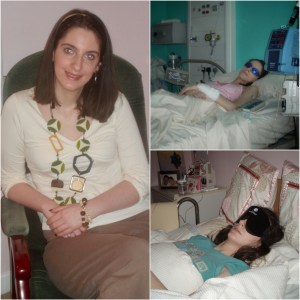 Collage of photos of Emily Collingridge. In one photo she sits in a chair, smiling. In the others she is very ill in bed.