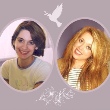 Head shots of Emily Collingridge and Merryn Crofts on a purple background, with an image of a dove and flowers. Emily’s hair is short and dark, and Merryn’s long and fair. Both are smiling happily.